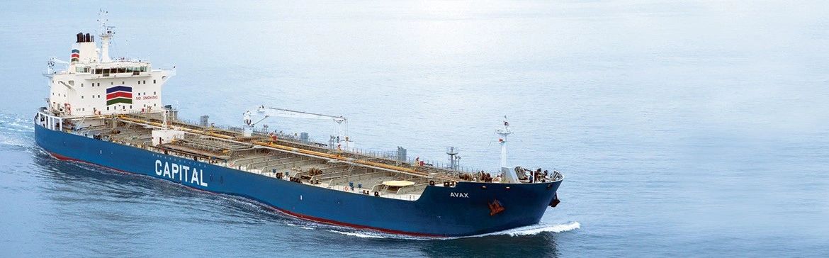 Capital cargo ship blue hull side view
