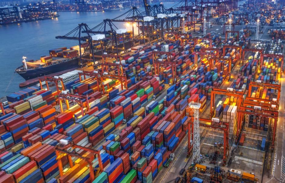 Aerial view container port at dusk